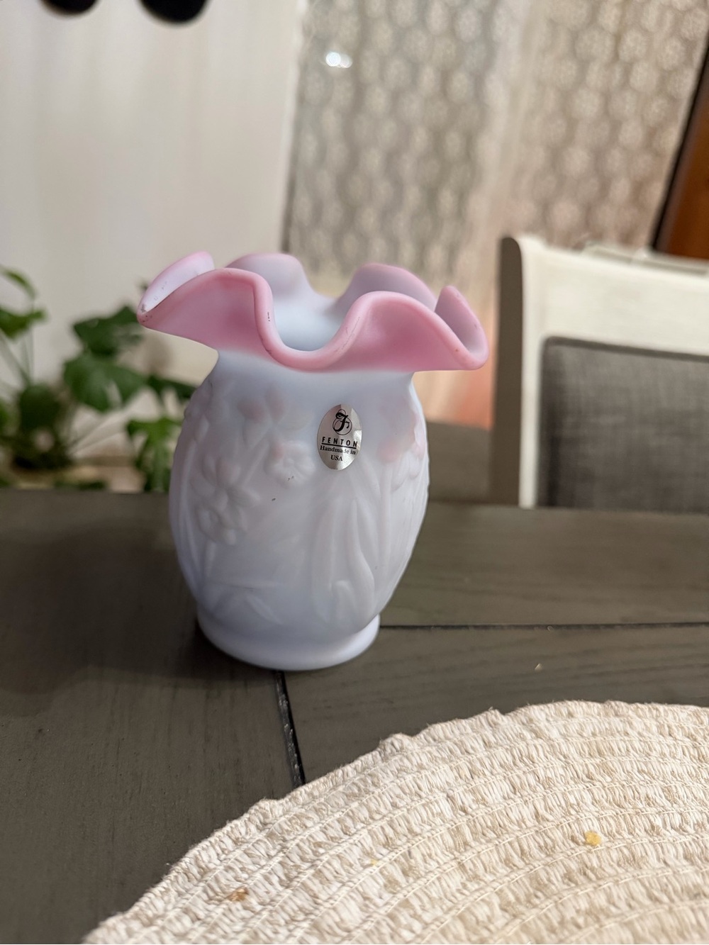 Fenton White Milk Glass Vase with Pink Ruffled Rim